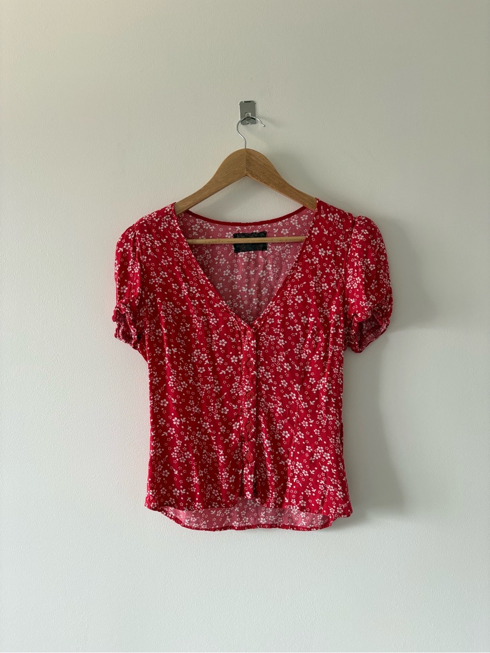 Reformation Red Floral V-Neck Button Front Blouse
